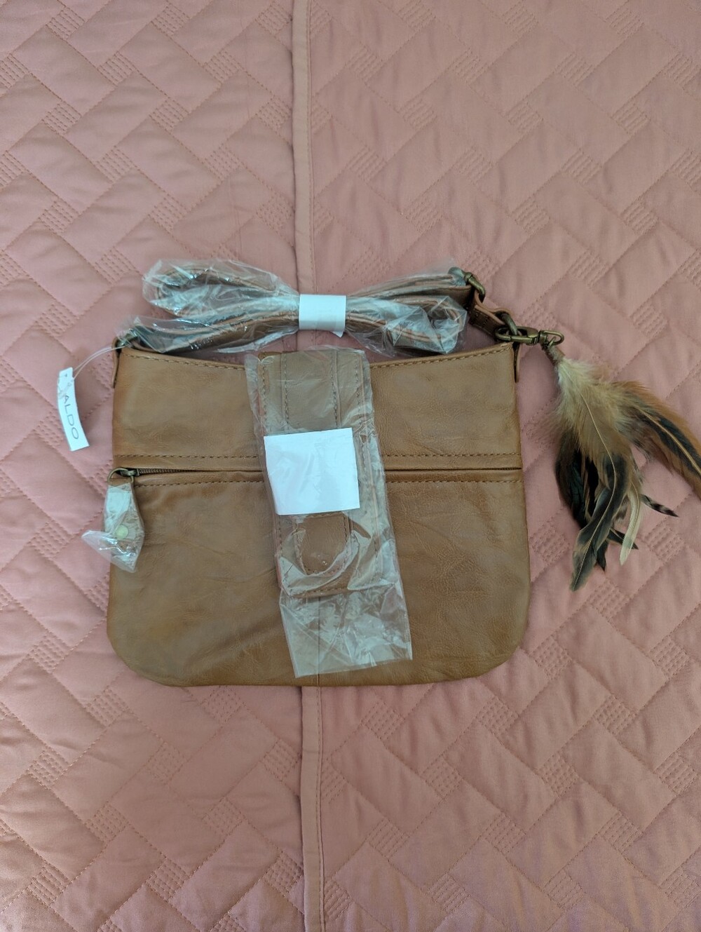 ALDO Tan Feather Charm Crossbody Bag